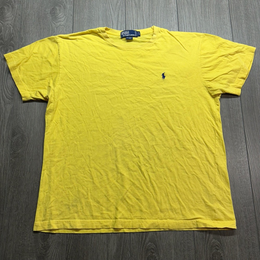 Vintage Polo Ralph Lauren Yellow T-Shirt Mens Large 90s Blue Pony Logo Cotton